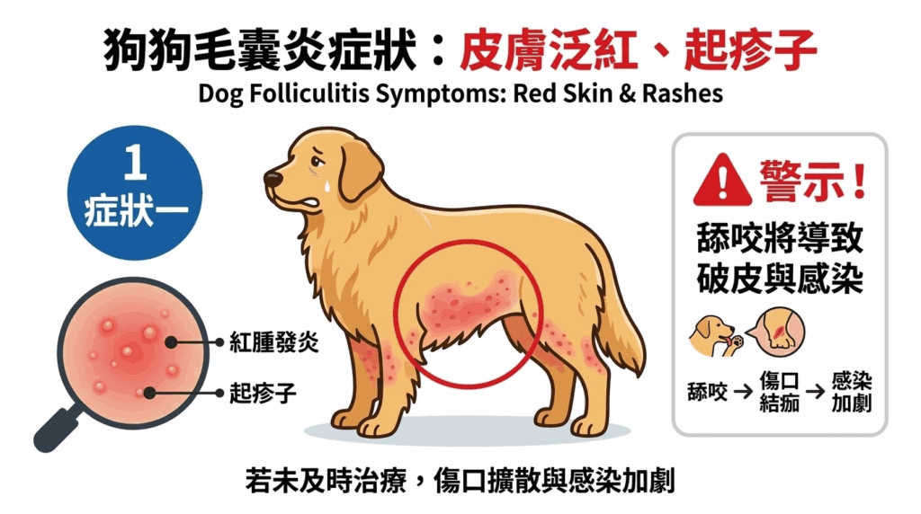 狗狗毛囊炎症狀一:皮膚泛紅、起疹子