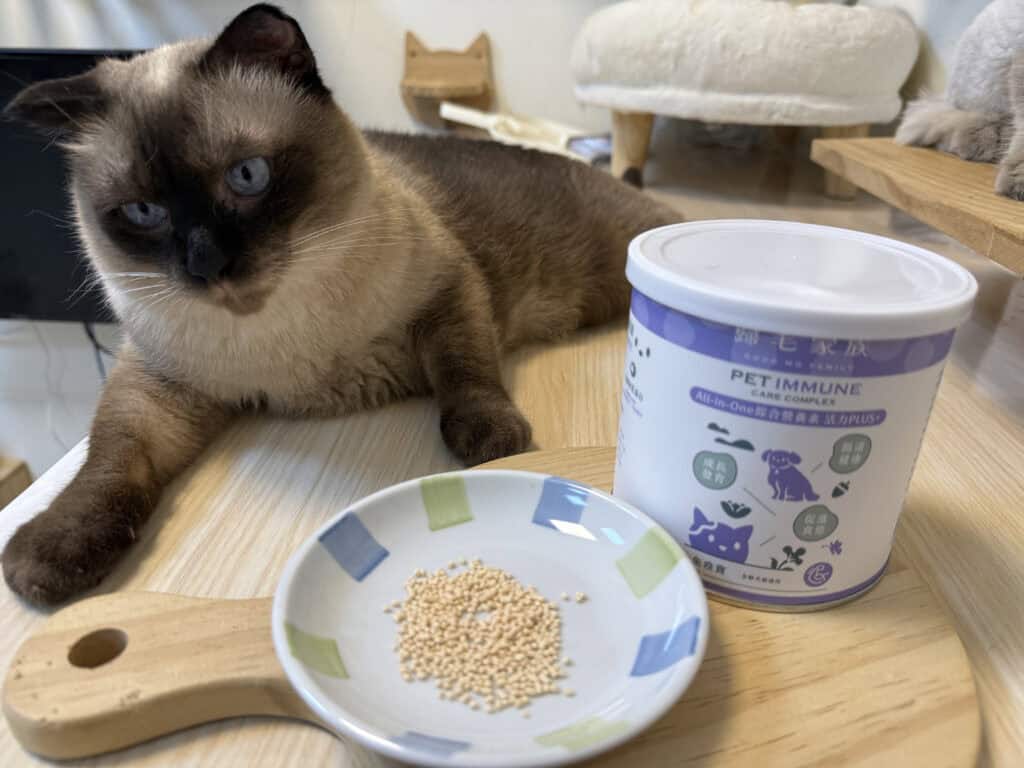 一隻貓咪趴在桌上，旁邊放著寵物保健食品