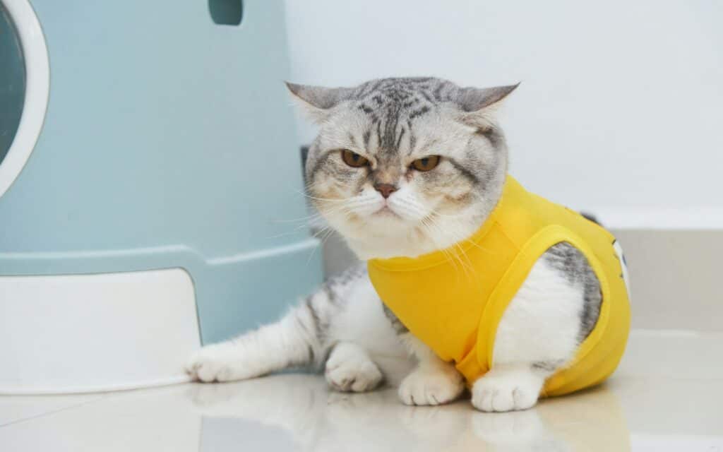 一隻穿著黃色衣服的貓咪坐在地上